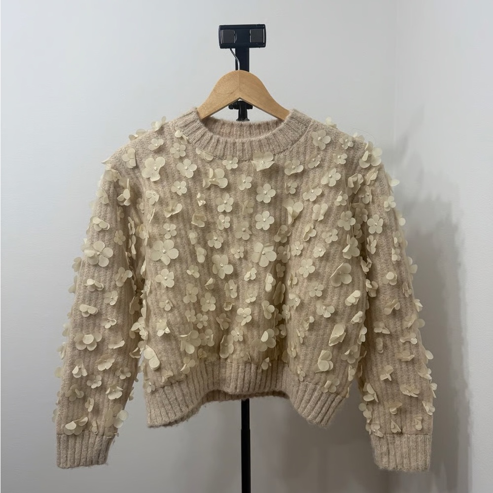 Zara Beige Floral Textured Women's Sweater - Picture 2 of 3